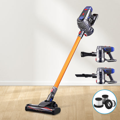 Cordless HEPA Filter vacuum cleaner useful for dust mite allergies with attachments on a wooden floor