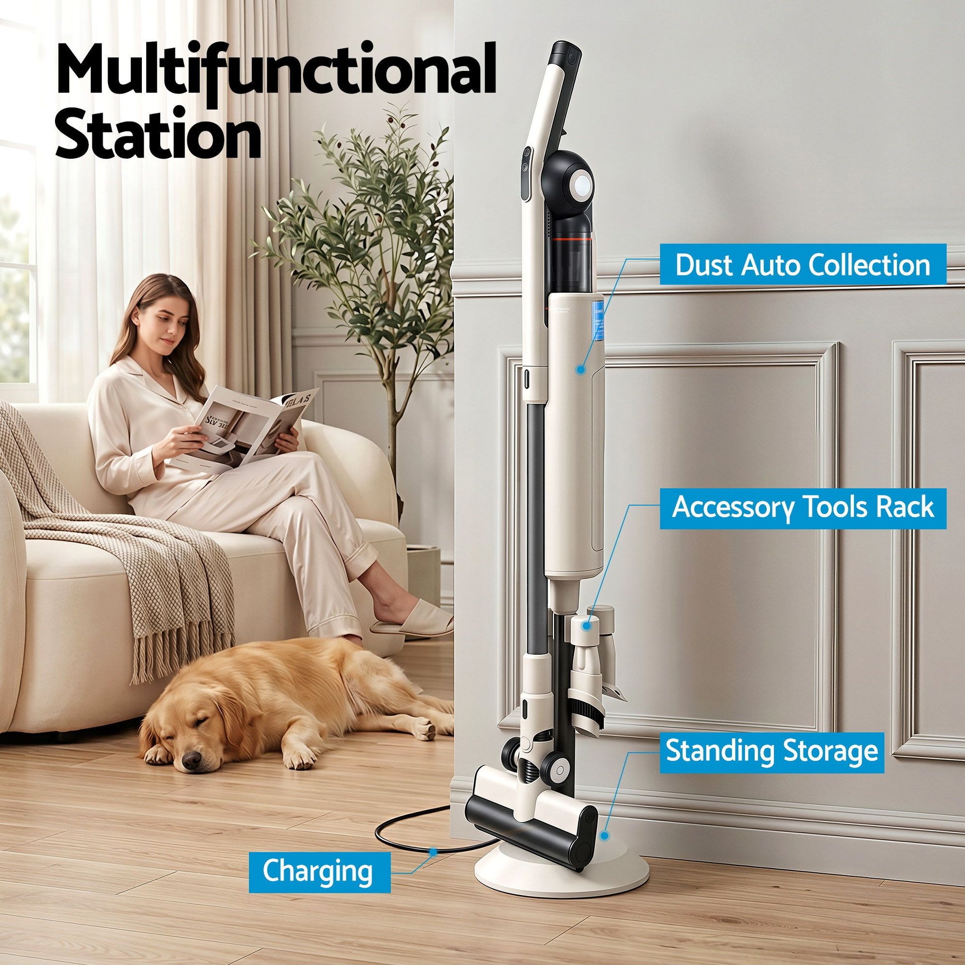 Multifunctional cleaning station with a woman reading on a couch and a dog lying down.