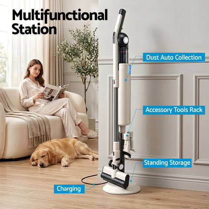 Multifunctional cleaning station with a woman reading on a couch and a dog lying down.