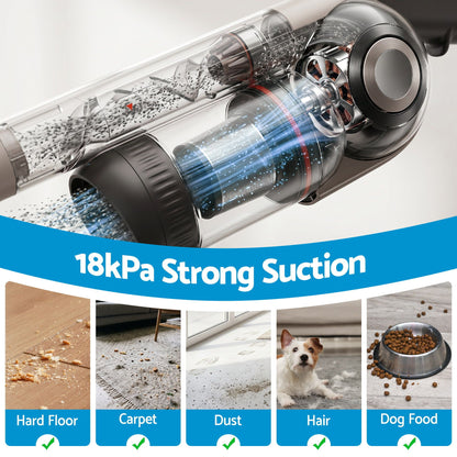 Vacuum cleaner with 18kPa strong suction and images of cleaning various surfaces.