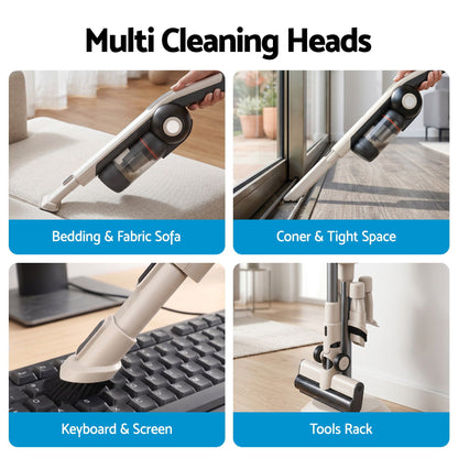 Multifunctional vacuum cleaner with different cleaning heads used on various surfaces.