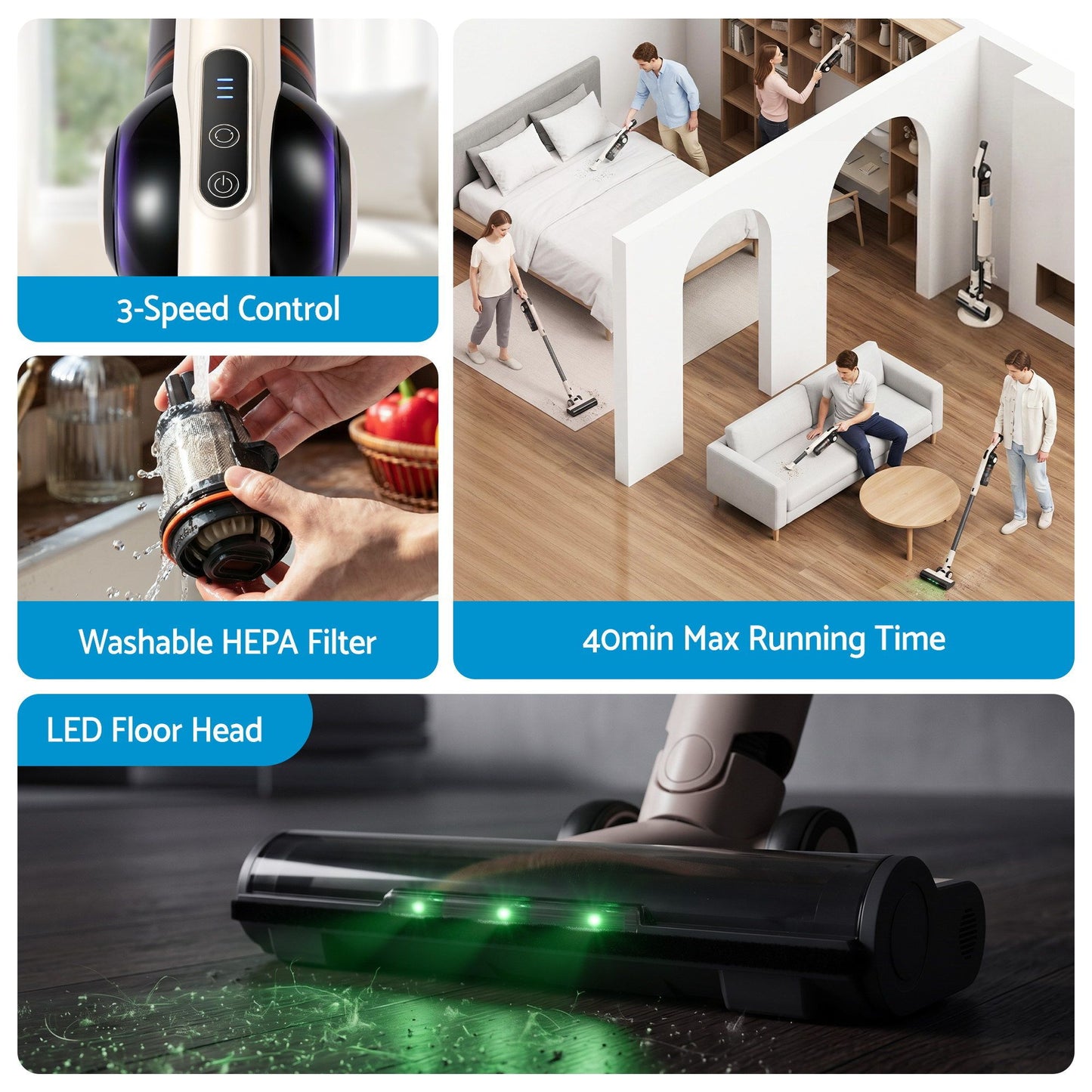 Multifunctional vacuum cleaner with features highlighted on a split-screen layout.