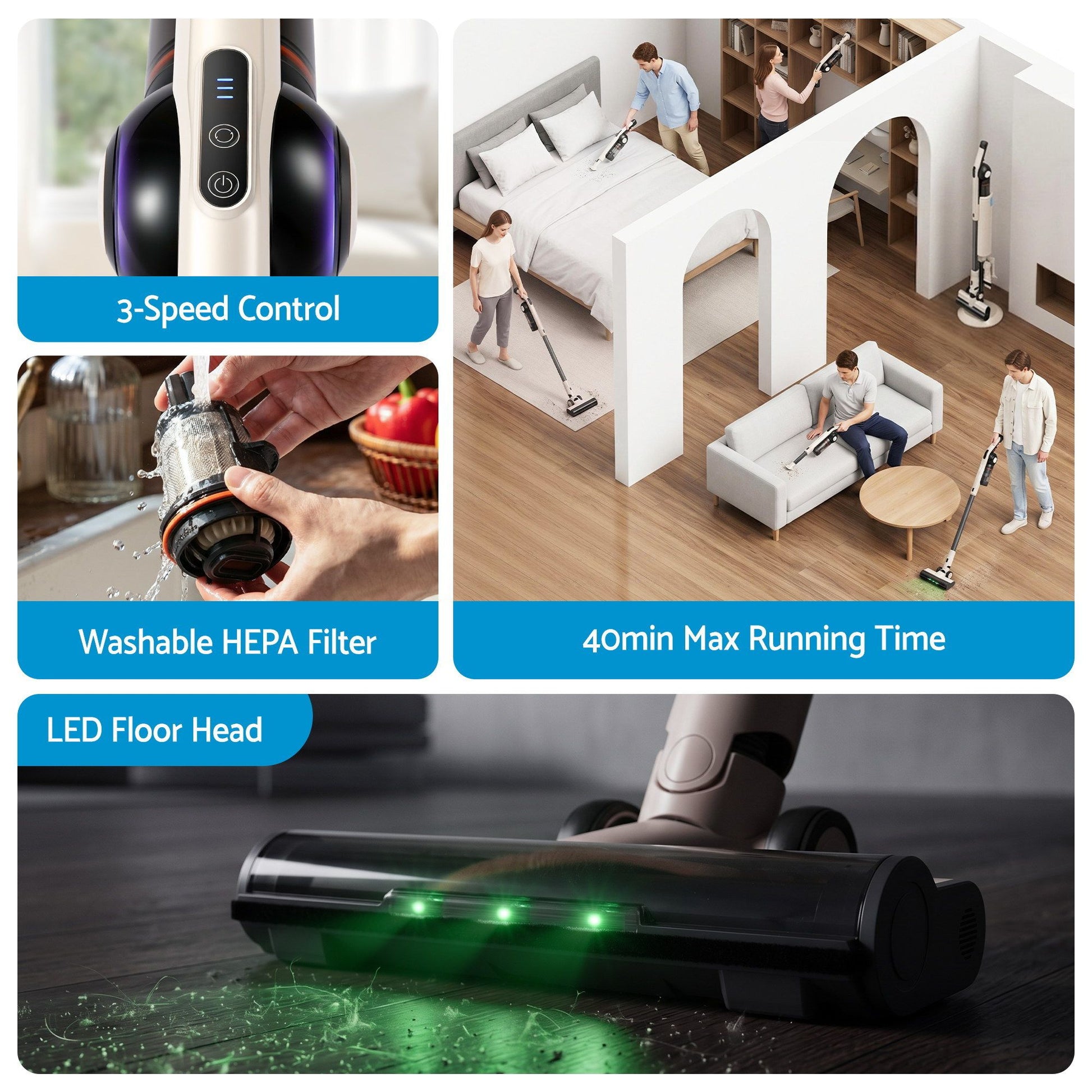 Multifunctional vacuum cleaner with features highlighted on a split-screen layout.