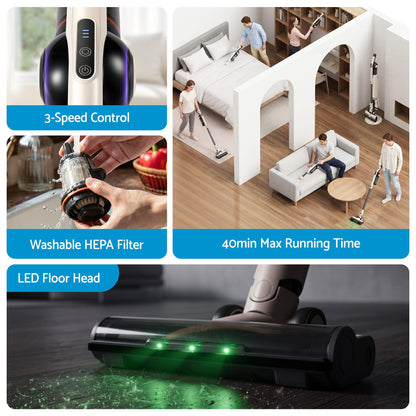 Multifunctional vacuum cleaner with features highlighted on a split-screen layout.