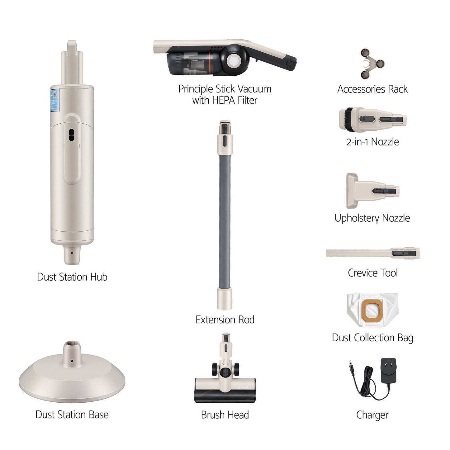 Collection of vacuum cleaner parts and accessories on a white background