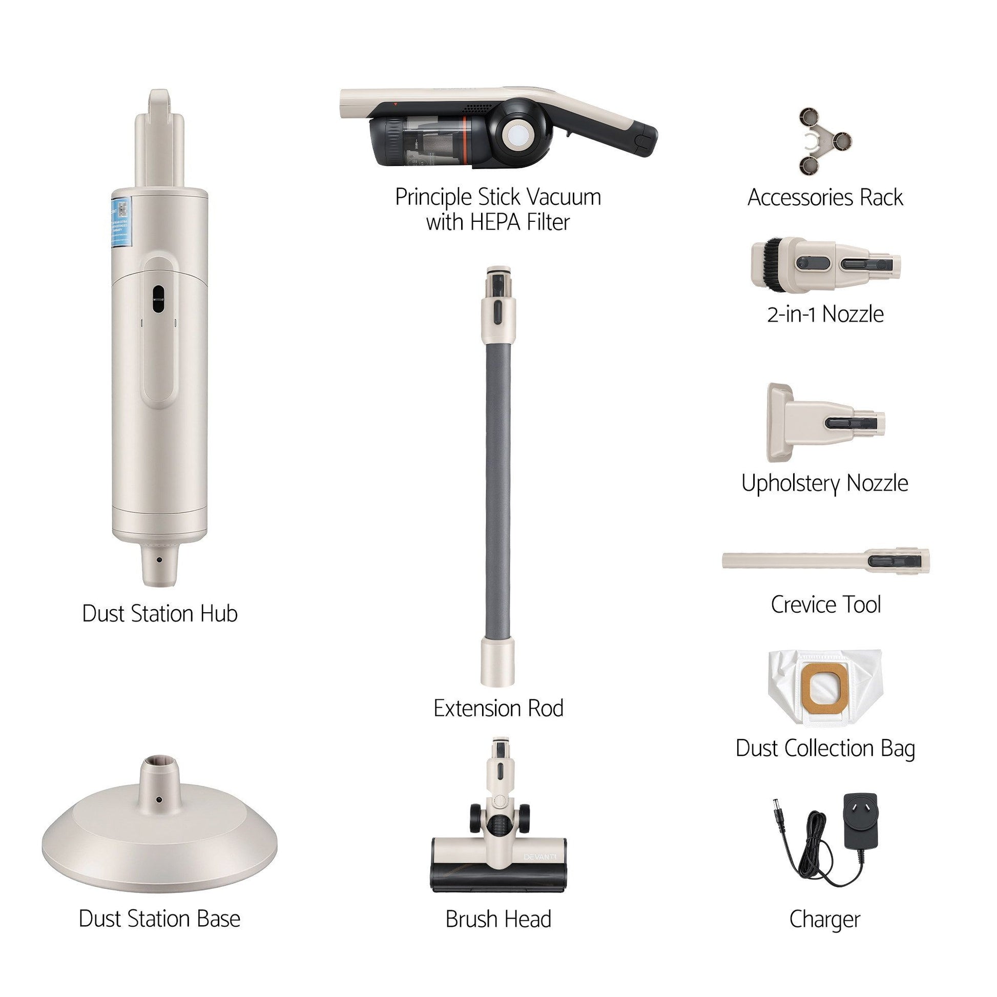 Collection of vacuum cleaner parts and accessories on a white background