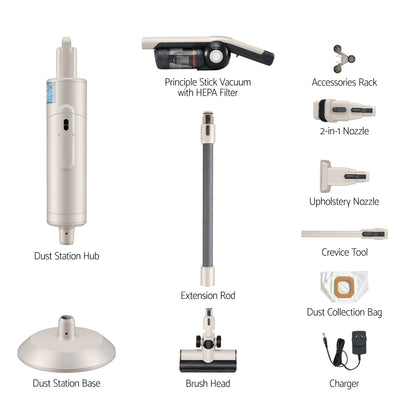 Collection of vacuum cleaner parts and accessories on a white background