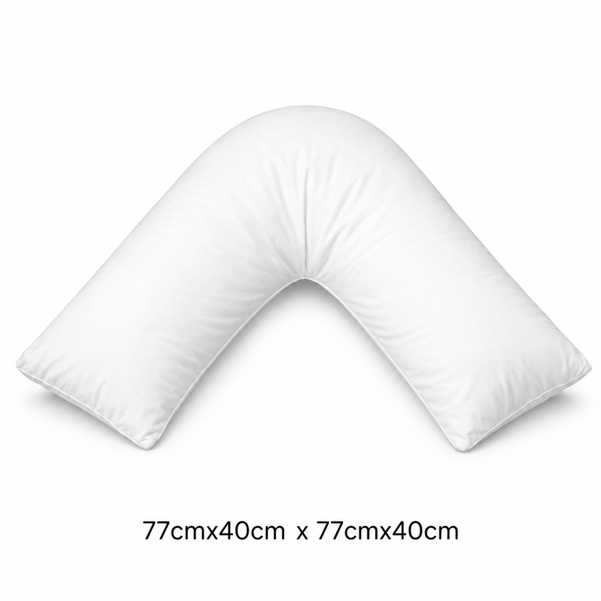 White U-shaped maternity pillow on a white background with text indicating dimensions: 77cmx40cm x 77cmx40cm.