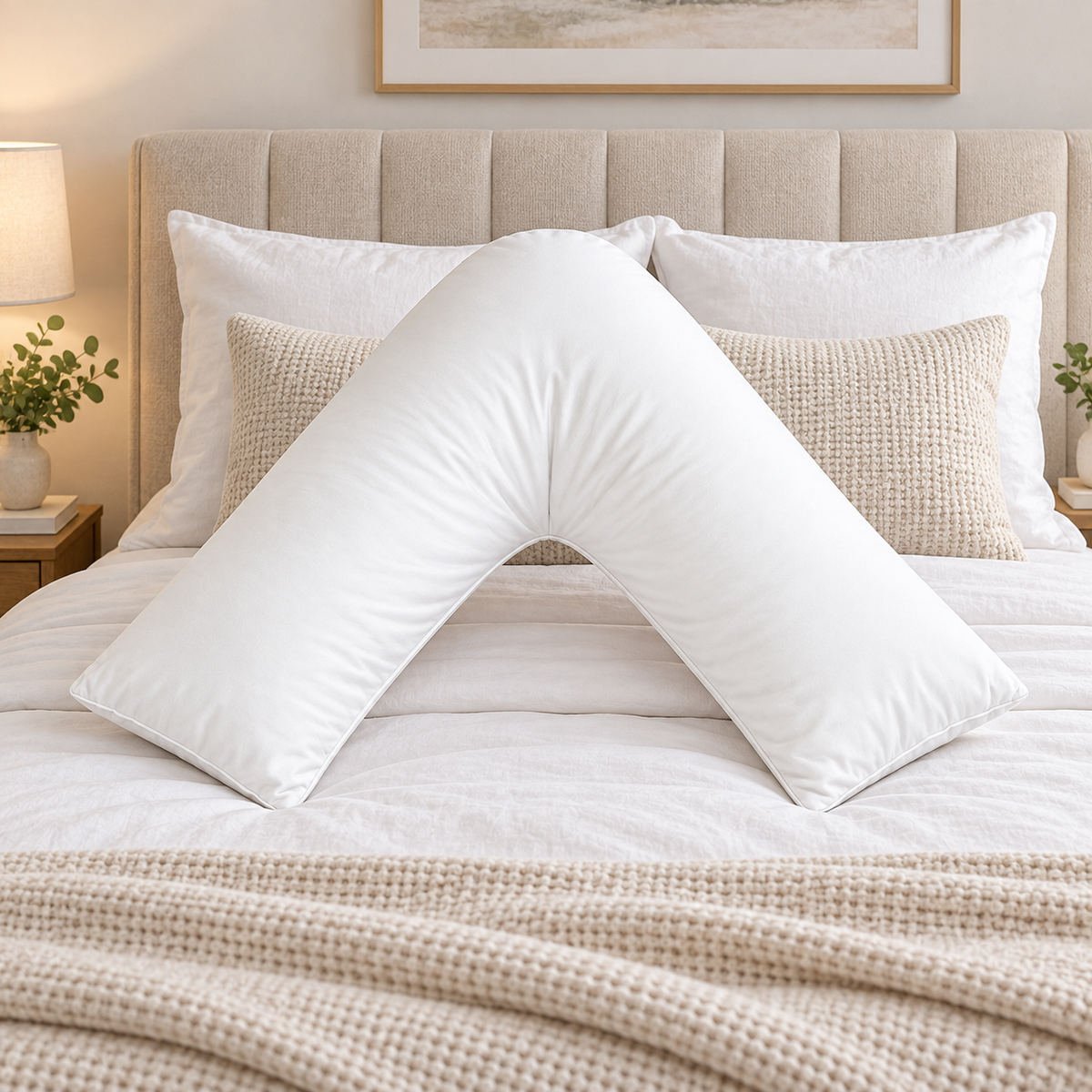 A white U-shaped body pillow displayed on a neatly made bed with beige and white bedding, pillows, and a textured throw blanket in a warm, modern bedroom setting.