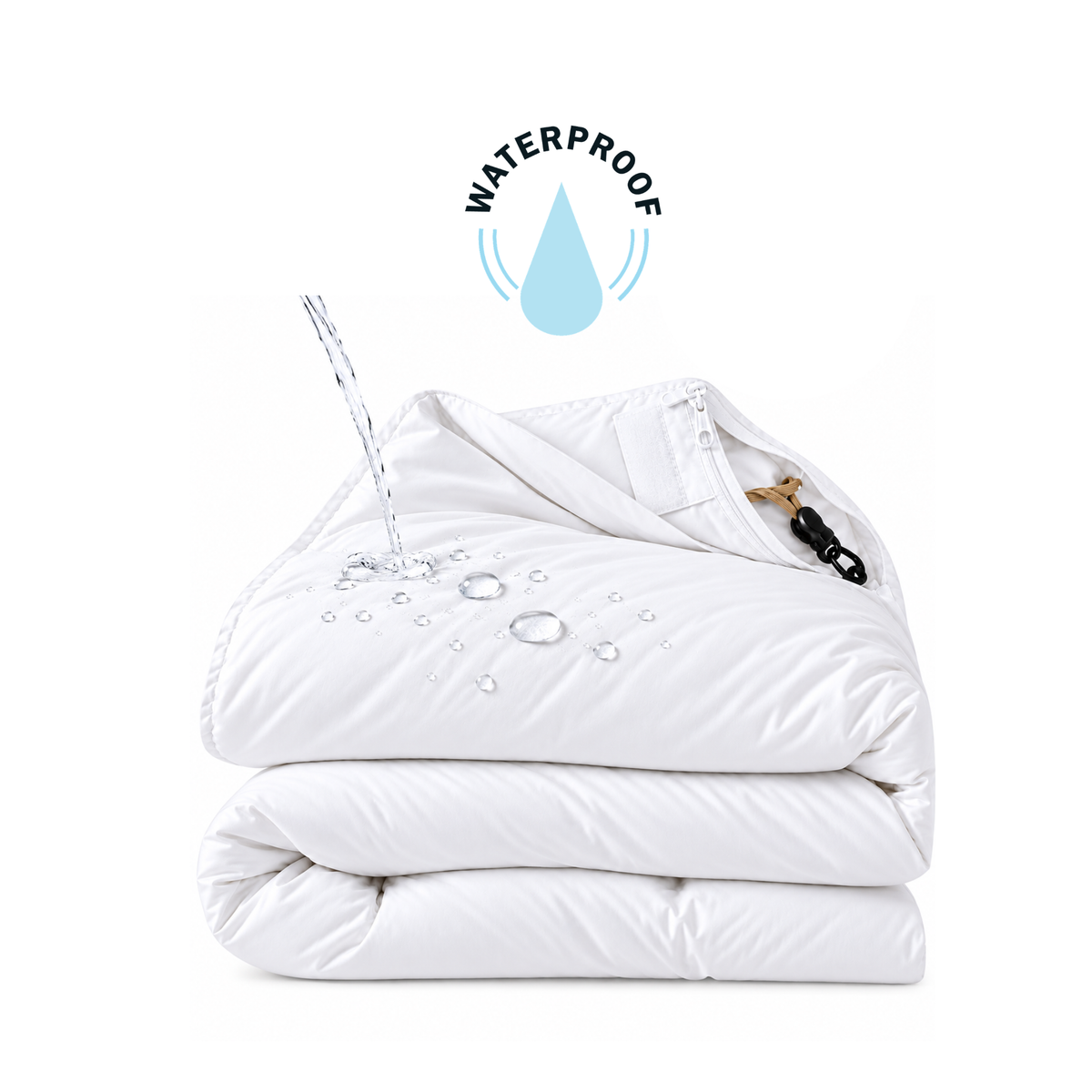 Folded waterproof dust mite doona protector with water beading on the surface and a zip closure