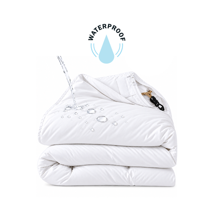 Folded waterproof dust mite doona protector with water beading on the surface and a zip closure