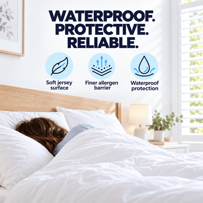 Person sleeping in a white bed with waterproof dust mite protectors: soft jersey surface, fine allergen barrier, waterproof