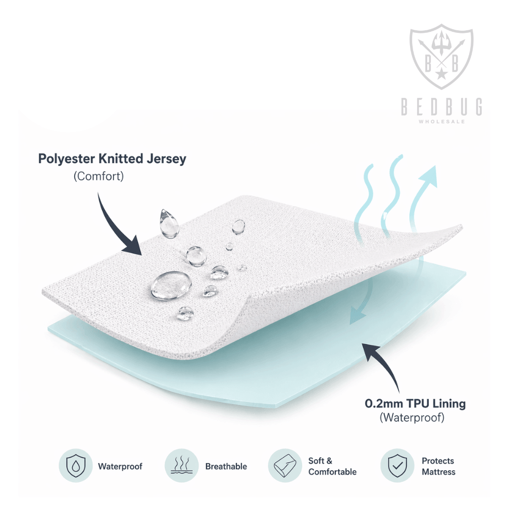 Layered mattress cover with polyester knitted jersey and TPU lining - third party tested waterproof dust mite protectors 