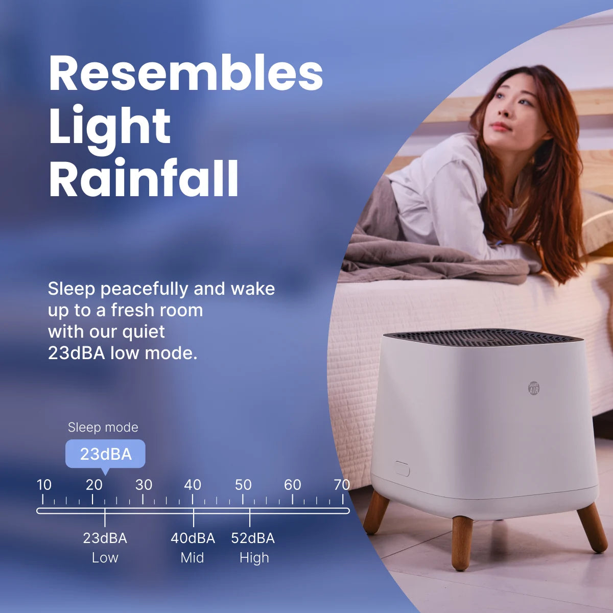 Sqair Air purifier with a woman relaxing in the background, emphasizing its quiet operation.