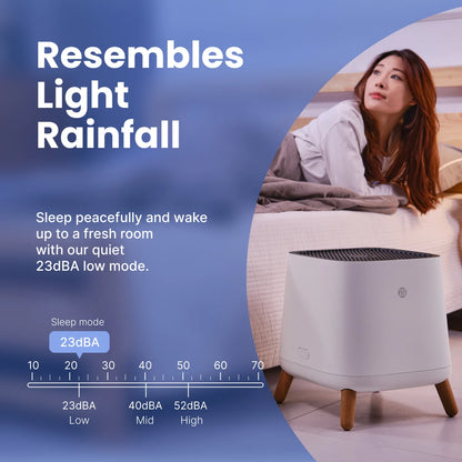 Sqair Air purifier with a woman relaxing in the background, emphasizing its quiet operation.