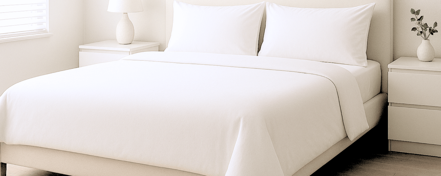 Neatly made bed with white dust mite bedding protectors and pillows in a bedroom setting.