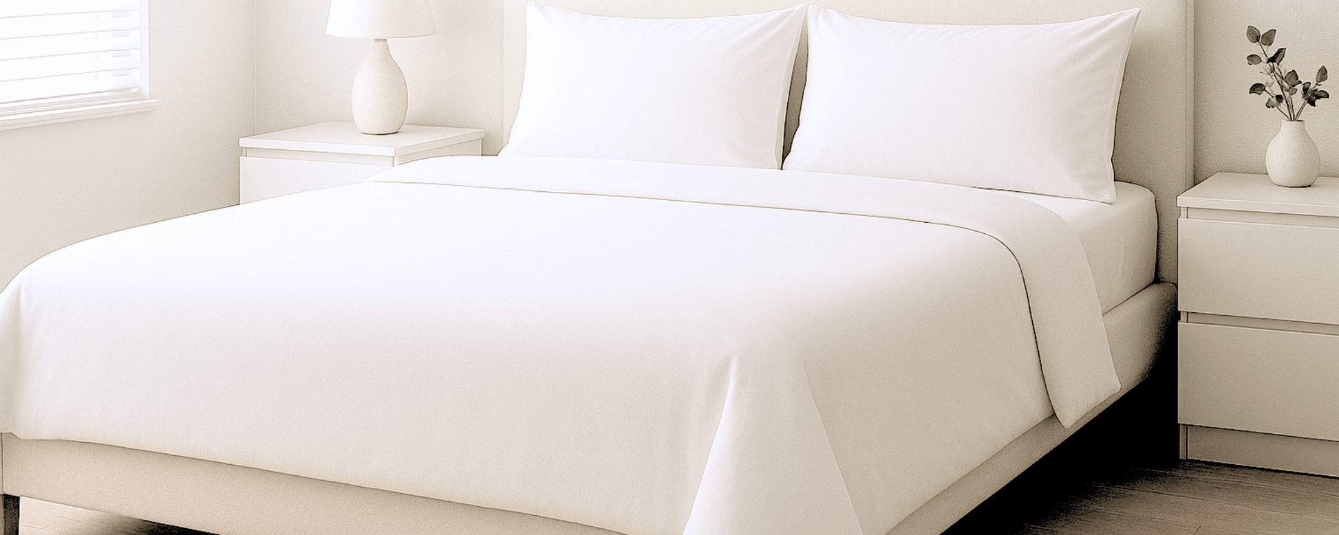 Neatly made bed with white dust mite bedding protectors and pillows in a bedroom setting.