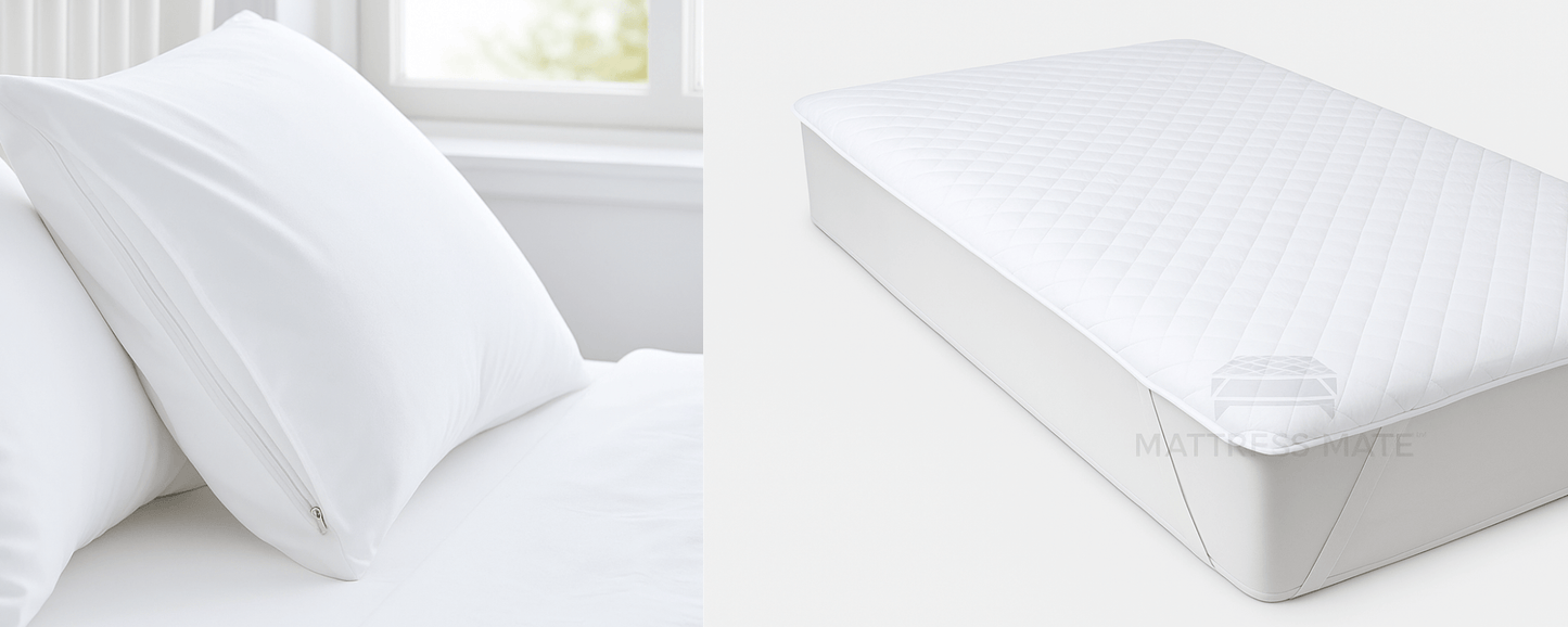 White cotton dust mite pillow protector and mattress protector King Single size for allergy relief – Dust Mite Allergy Solutions Australia