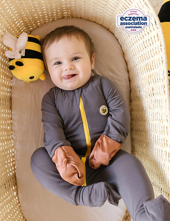 Dark gray organic bamboo baby onesie for eczema-prone, sensitive skin — Dust Mite Allergy Solutions Australia