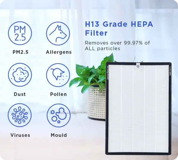 H13 Grade HEPA filter with icons indicating air purification benefits on a light background.