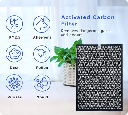Activated SA600 air purifier carbon filter for air purification with icons indicating PM2.5, allergens, dust, pollen, viruses, and mould removal.