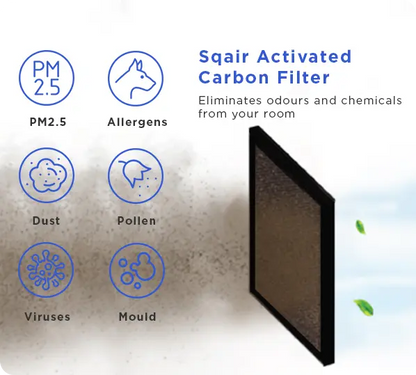 Sqair Activated Carbon Filter with icons indicating it eliminates PM2.5, allergens, dust, pollen, viruses, and mould.