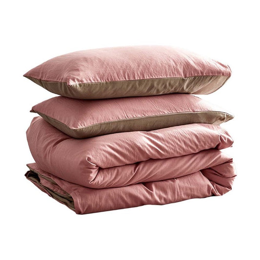 100% Washed Cotton Quilt Set Pink Brown -  Double