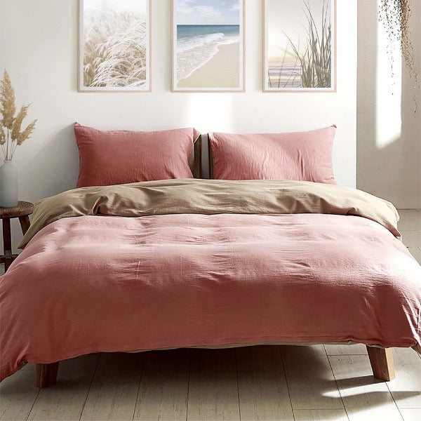 100 % Washed Cotton Quilt Set Pink Brown - Single