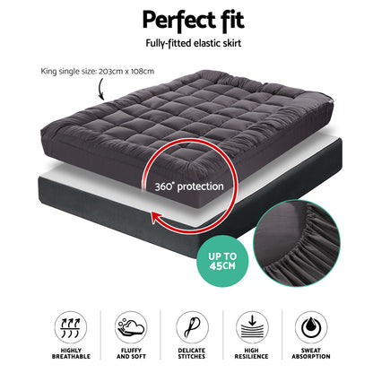 King Single Mattress Topper Pillowtop 1000GSM Charcoal Microfibre Bamboo Fibre Filling Protector Giselle