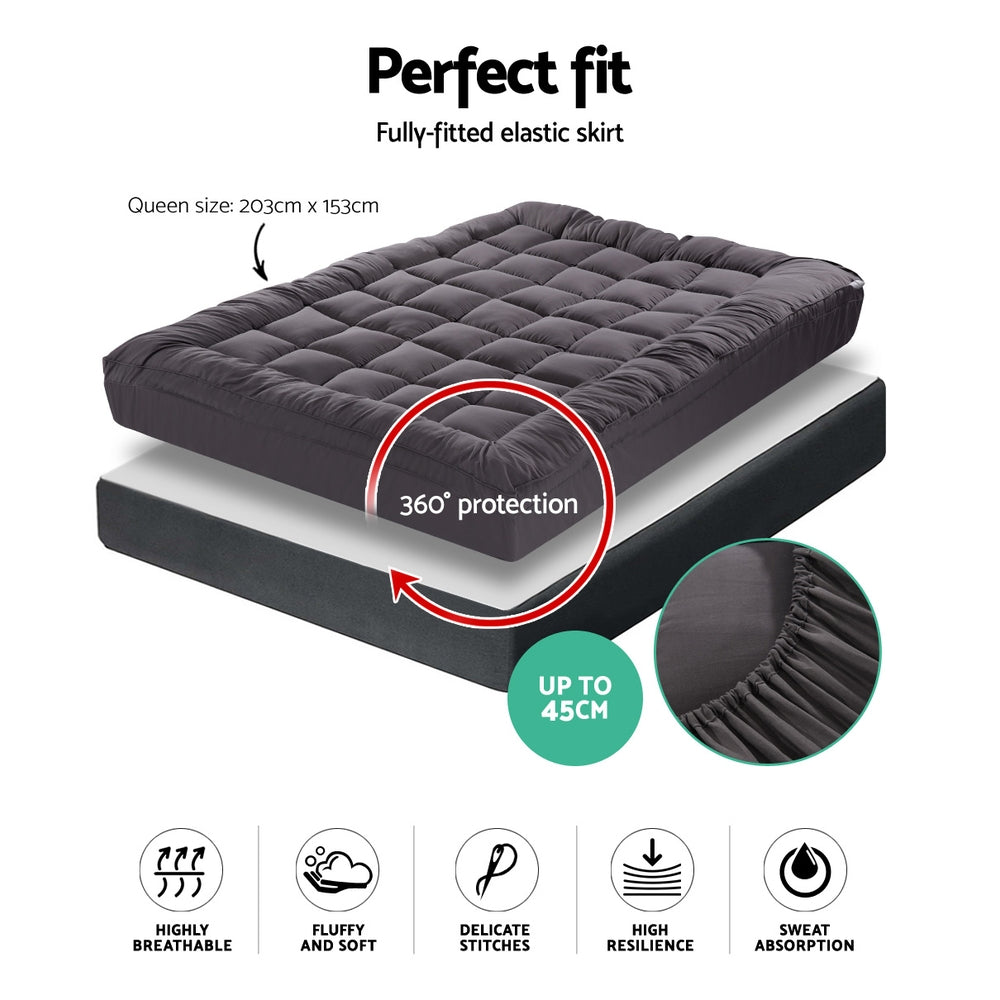 Queen Mattress Topper Pillowtop 1000GSM Charcoal Microfibre Bamboo Fibre Filling Protector Giselle