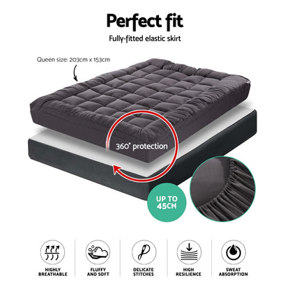 Queen Mattress Topper Pillowtop 1000GSM Charcoal Microfibre Bamboo Fibre Filling Protector Giselle