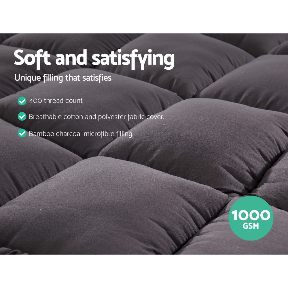 Queen Mattress Topper Pillowtop 1000GSM Charcoal Microfibre Bamboo Fibre Filling Protector Giselle