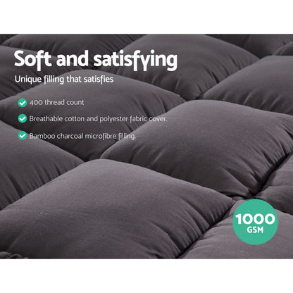 Queen Mattress Topper Pillowtop 1000GSM Charcoal Microfibre Bamboo Fibre Filling Protector Giselle