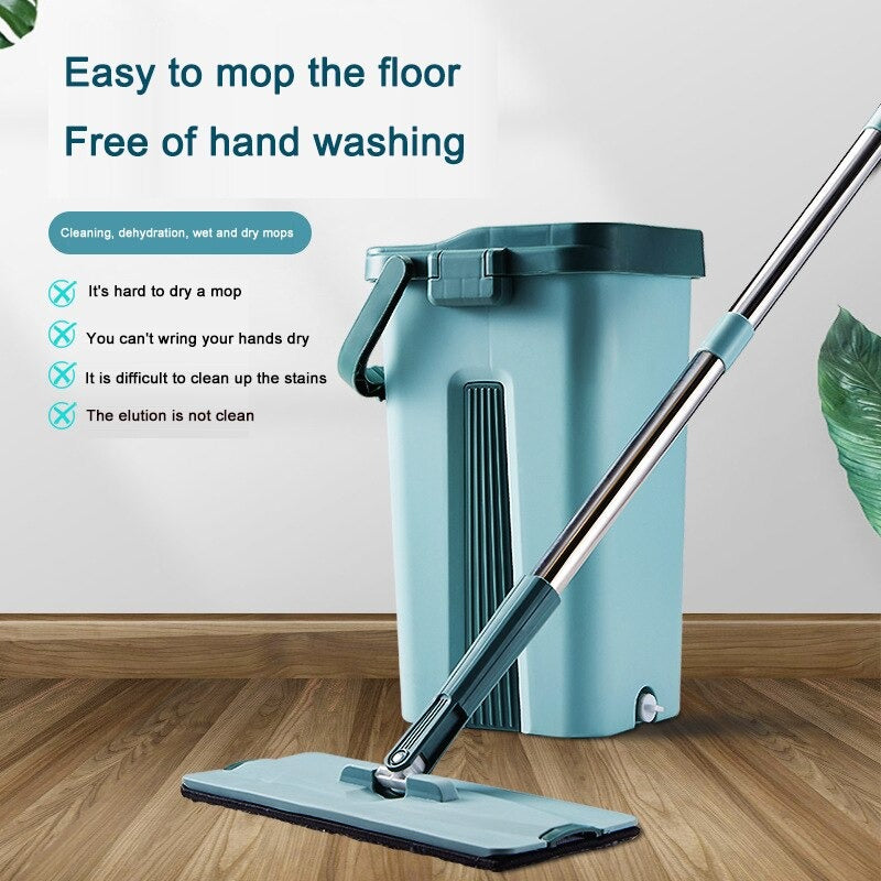 Wet Dry Flat Mop and Bucket Floor Cleaner Set I 2 Pads