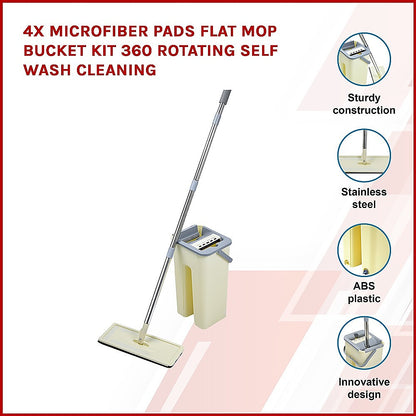 Flat Mop Bucket Kit 360 Rotating Self Wash Cleaning I 4x Microfiber Pads 