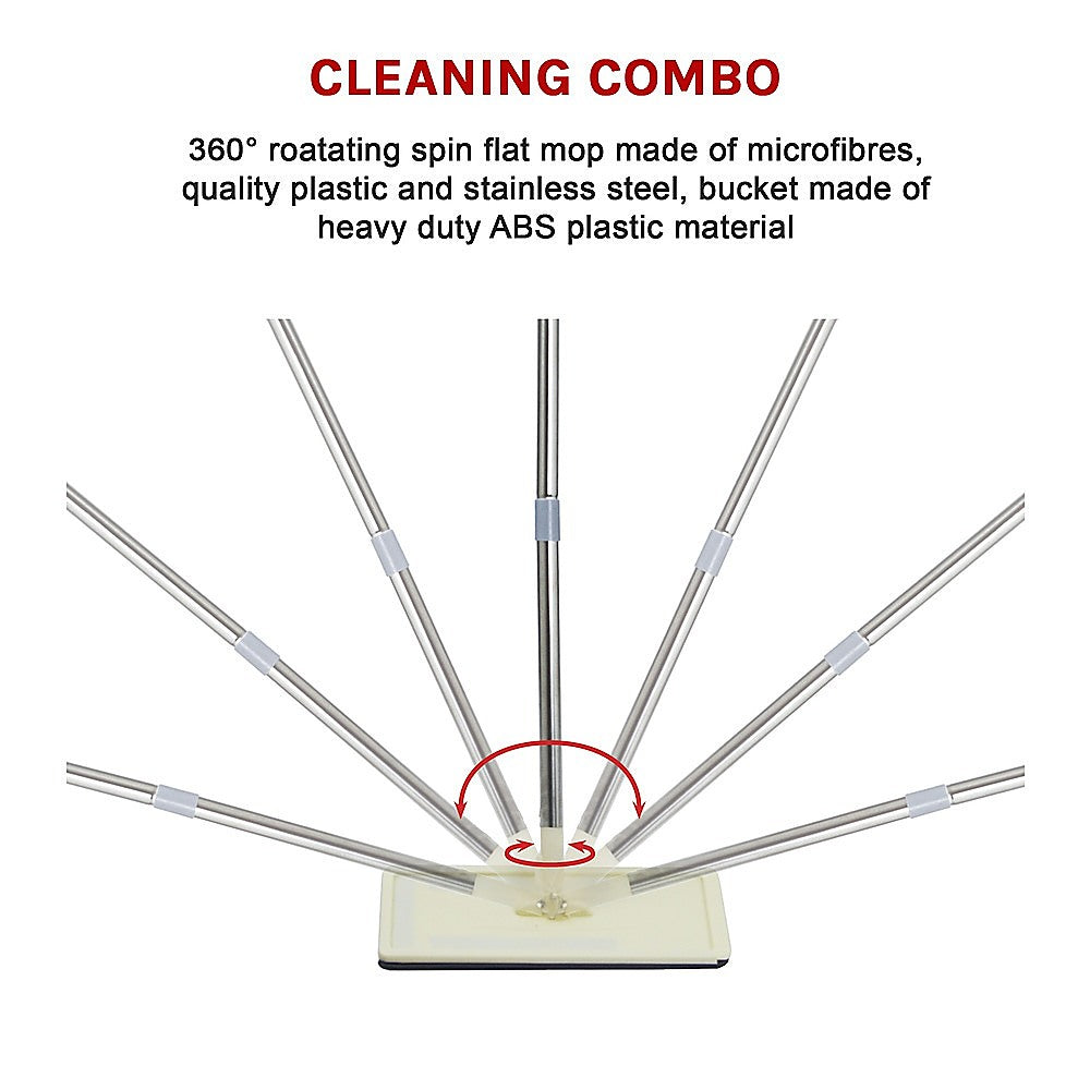 Flat Mop Bucket Kit 360 Rotating Self Wash Cleaning I 4x Microfiber Pads 