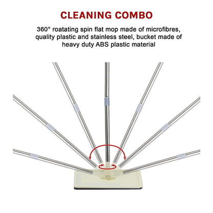 Flat Mop Bucket Kit 360 Rotating Self Wash Cleaning I 4x Microfiber Pads 